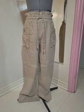 Beige Paperbag Waist Wide-Leg Cargo Pants